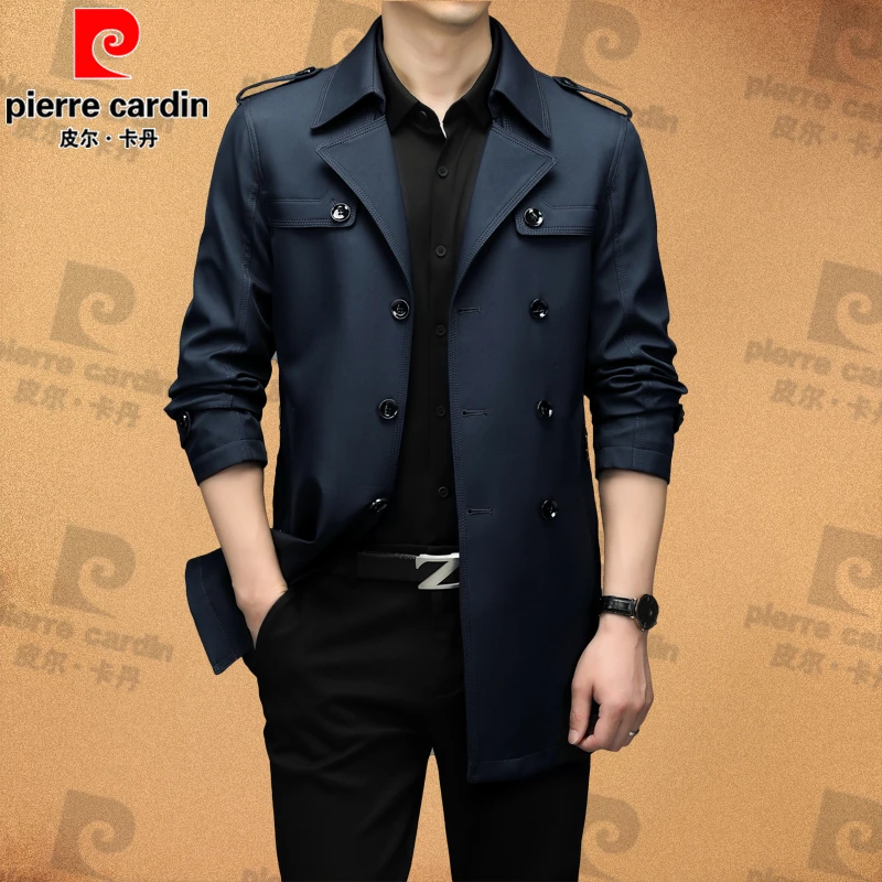 皮尔卡丹2025春秋款绅士风中长款风衣中年男士西装领商务休闲外套