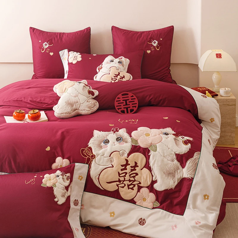 水星高端家纺可爱猫咪贴布绣红色被套结婚四件套床上用品100S全棉