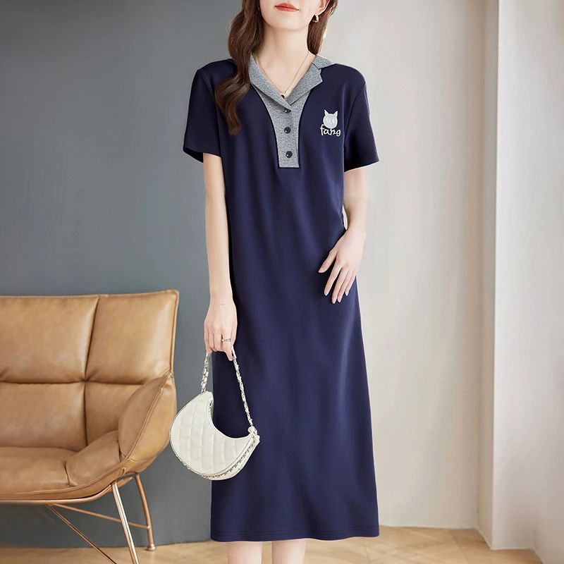 芳妮诗纯棉短袖女士连衣裙新款夏季大码女装休闲polo领直筒裙子薄