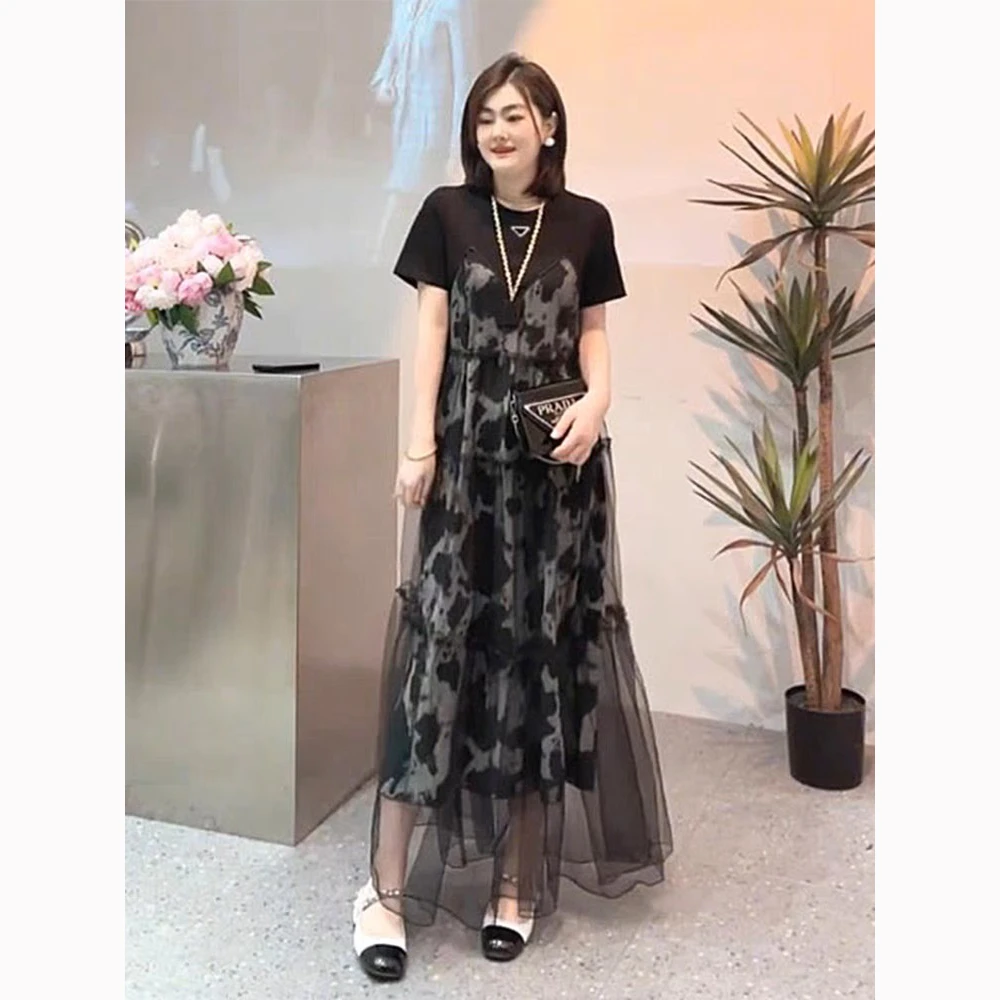 大码假两件连衣裙女夏季网纱拼接碎花裙女胖mm遮肉显瘦A字裙子