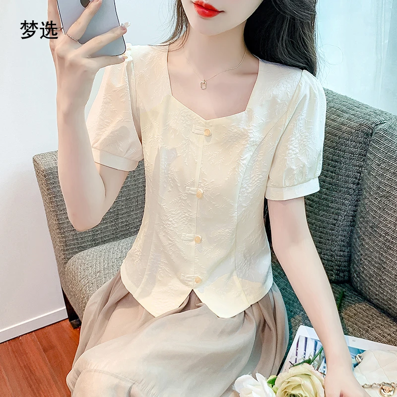 2025夏季新款时尚洋气方领短袖衬衫女设计感小众气质显瘦短款上衣