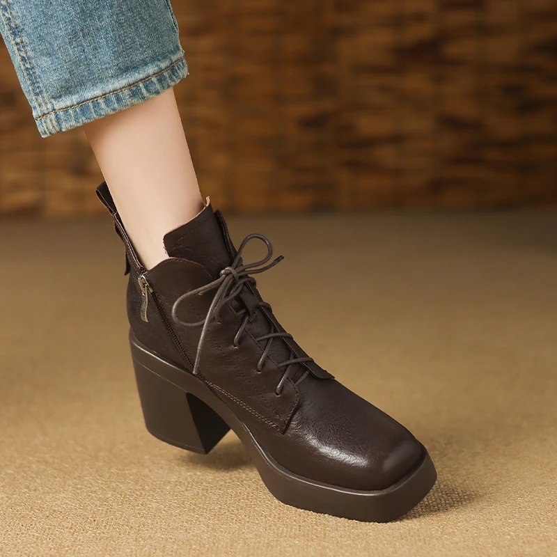 英伦风系带防水台高跟马丁靴8.5厘米棕色方头粗跟短靴女春秋单靴