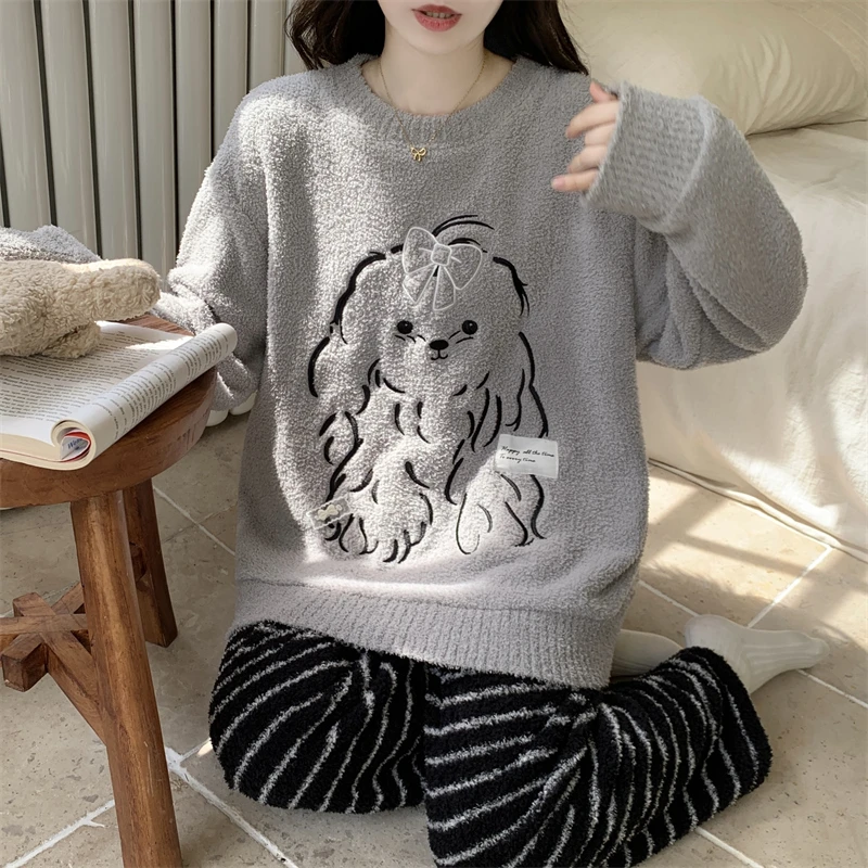 半边绒睡衣女款冬季新款圆领长袖长裤卡通可爱保暖加厚家居服套装