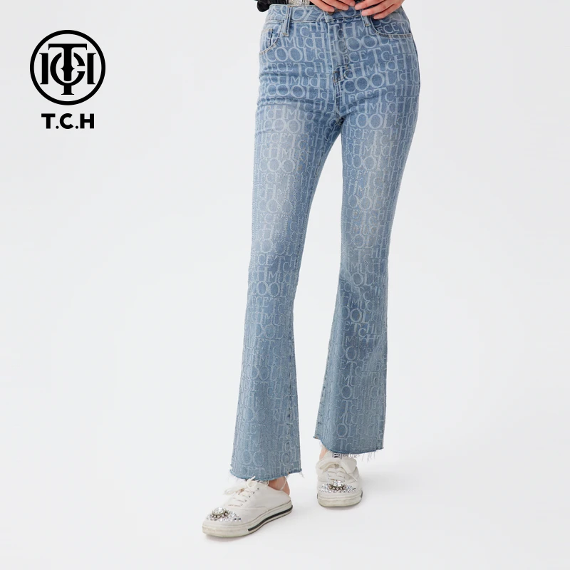 TCH轻奢烫钻工艺logo字母蓝色微喇叭牛仔裤女T72C208012tch