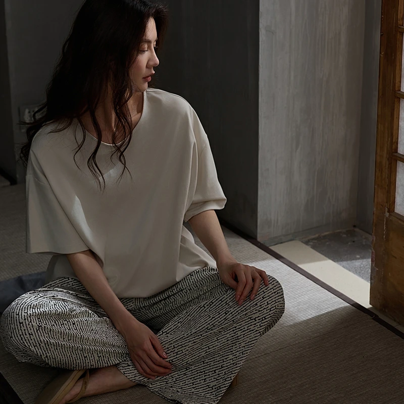 睡衣女夏季莫代尔棉短袖长裤宽松简约薄款可外穿女士家居服套装夏