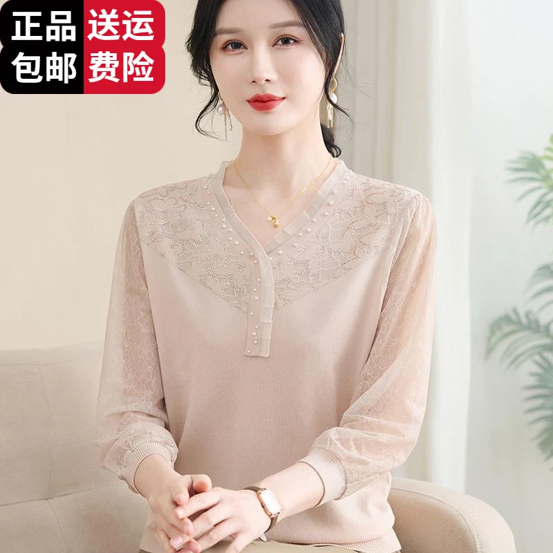 工厂直销百搭洋气妈妈春装冰丝V领t恤女2025新款中老年宽松上