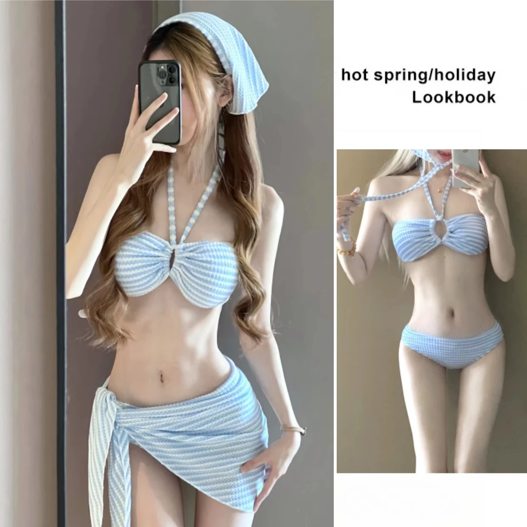 泳衣女蓝色条纹比基尼纯欲风挂脖甜美性感显瘦时尚度假温泉游泳衣