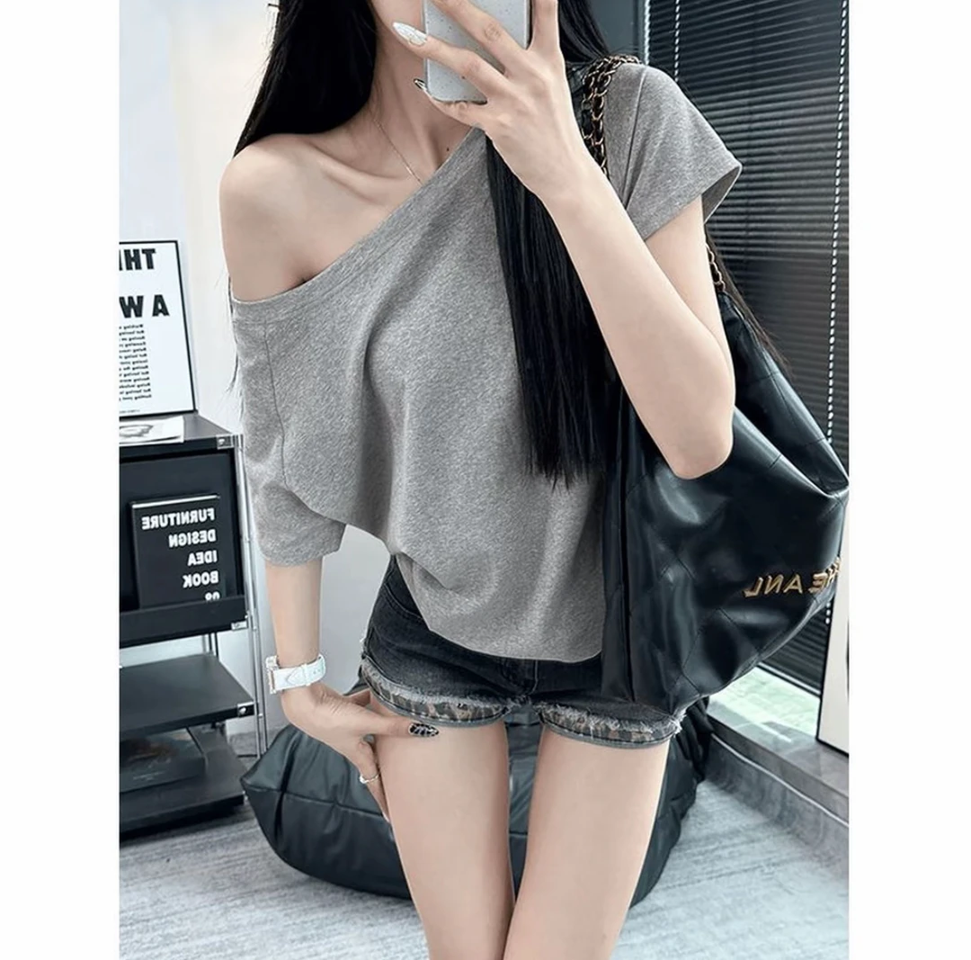 夏季美式一字肩T恤露肩螺纹显瘦拼接泡泡袖短袖方领