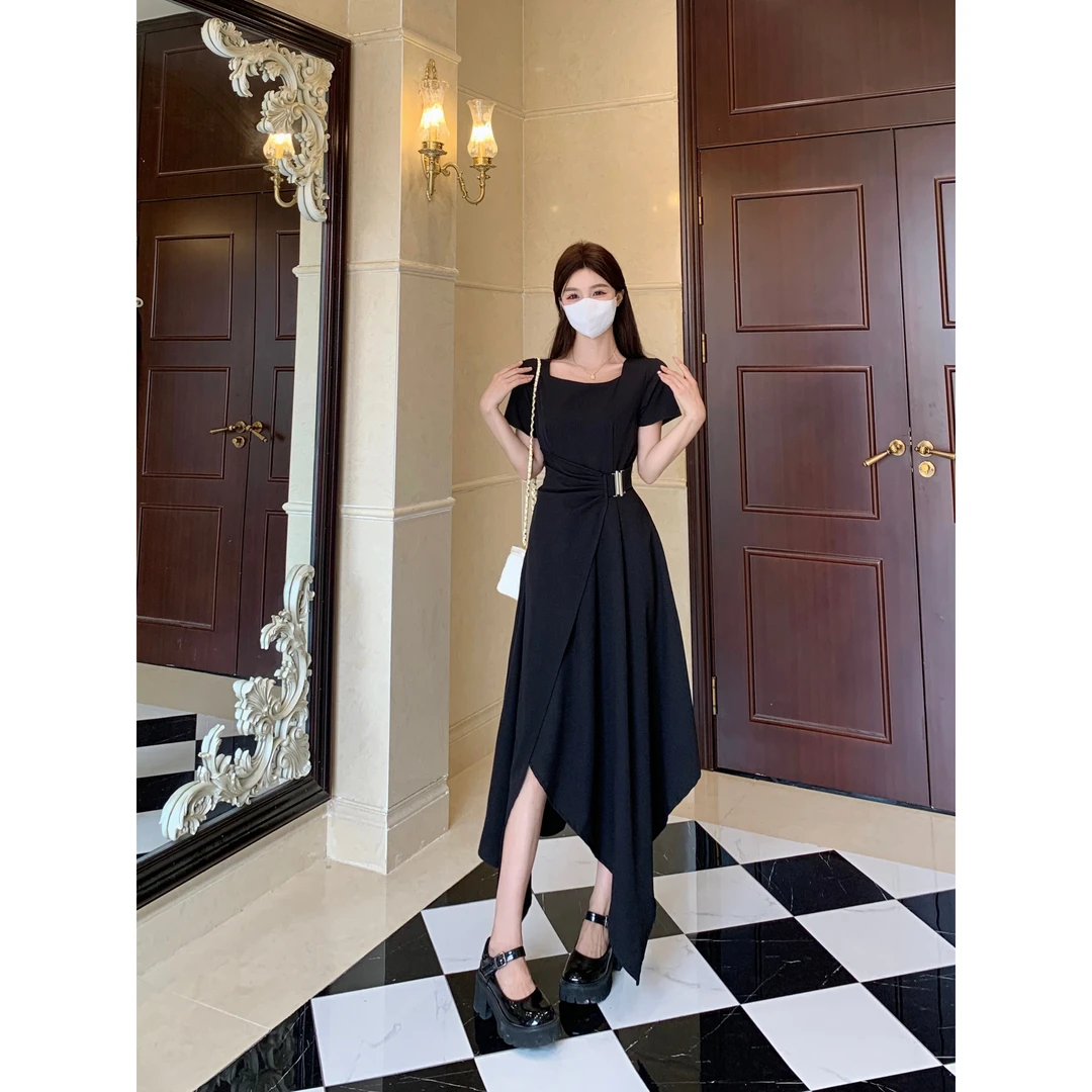 大码灰色一片式褶皱显瘦收腰方领斜纹收腰A字连衣裙