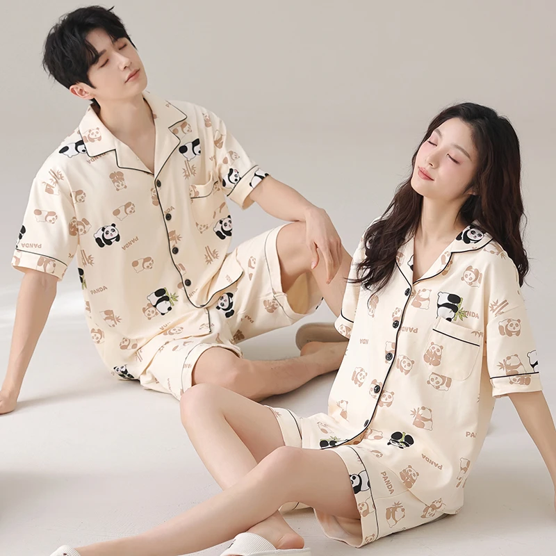 2套价纯棉情侣睡衣夏季短袖短裤卡通2025新款男女家居服大码夏天