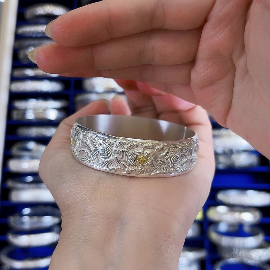 足银牡丹银手镯73克