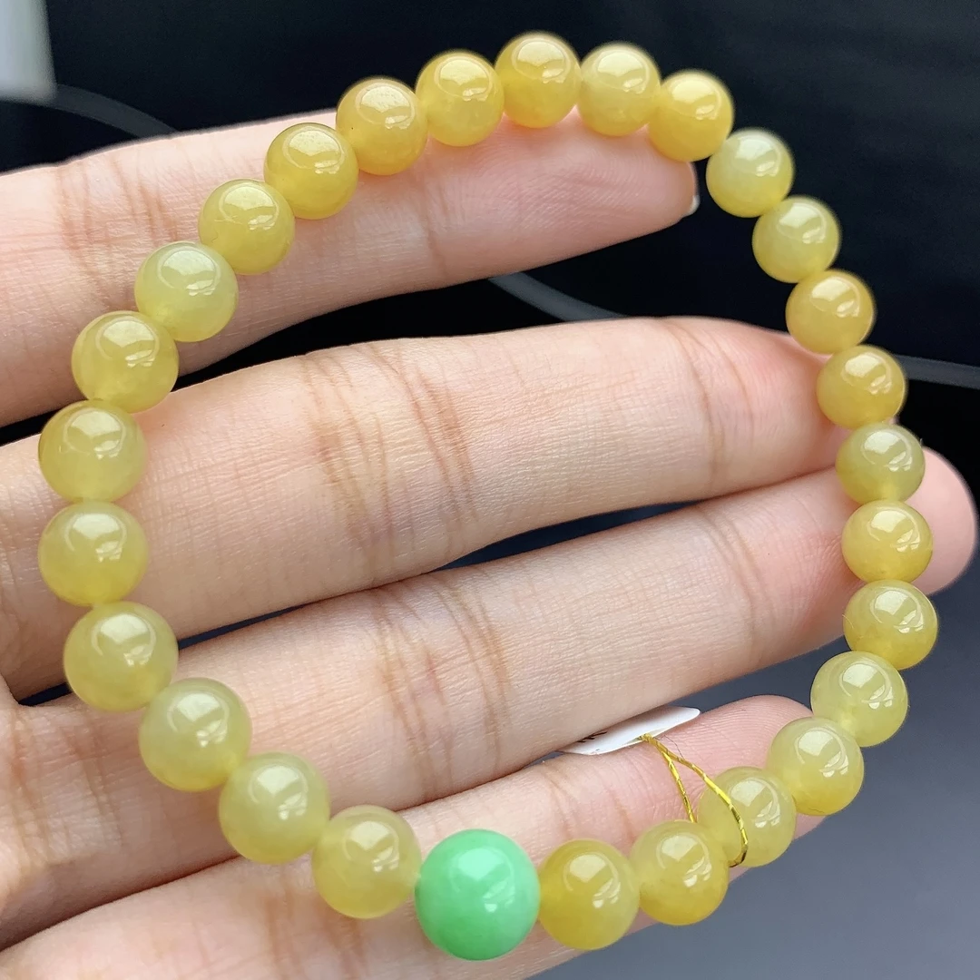 缅甸A货翡翠天然鸡油黄圆珠手链手串单圈MLT卡6.5mm