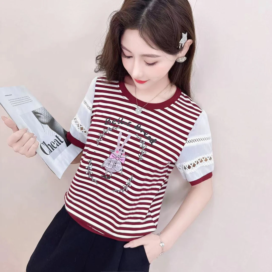 820#【衣长55】条纹常规拼接短袖抗起球T恤假两件打底衫减龄上衣