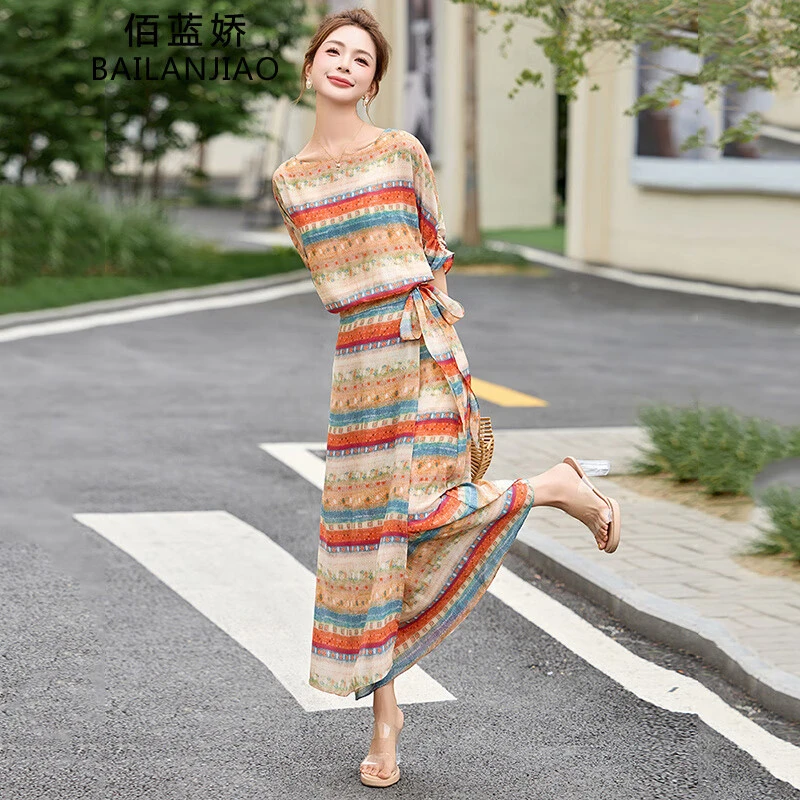 条纹印花连衣裙女2025夏季新款时尚气质复古韩系休闲收腰显瘦长裙