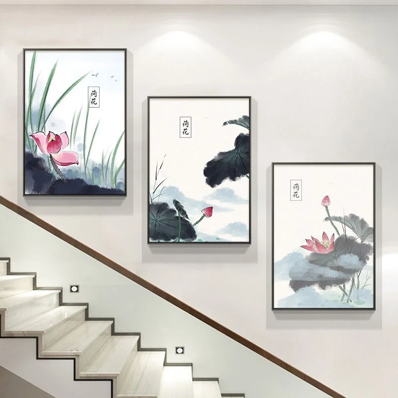 楼梯楼道楼梯间装饰画新中式花鸟荷花复式楼壁画三联客厅过道挂画