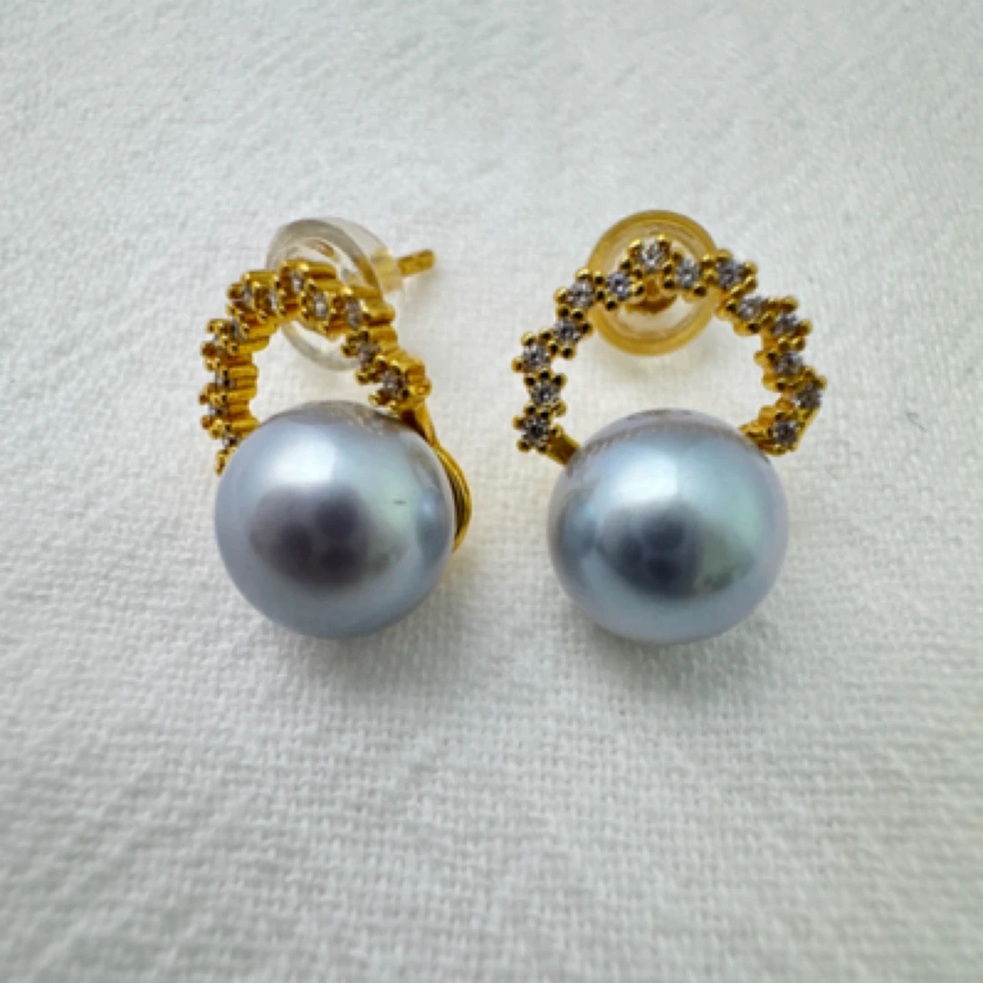 真多麻耳钉灰色极光珍珠银镶嵌耳钉气质时尚百搭精致