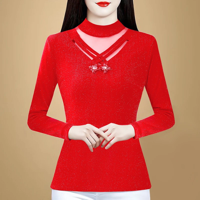 蕾丝内搭冬季时尚打底衫女秋冬2025新款修身妈妈洋气加绒保暖上衣