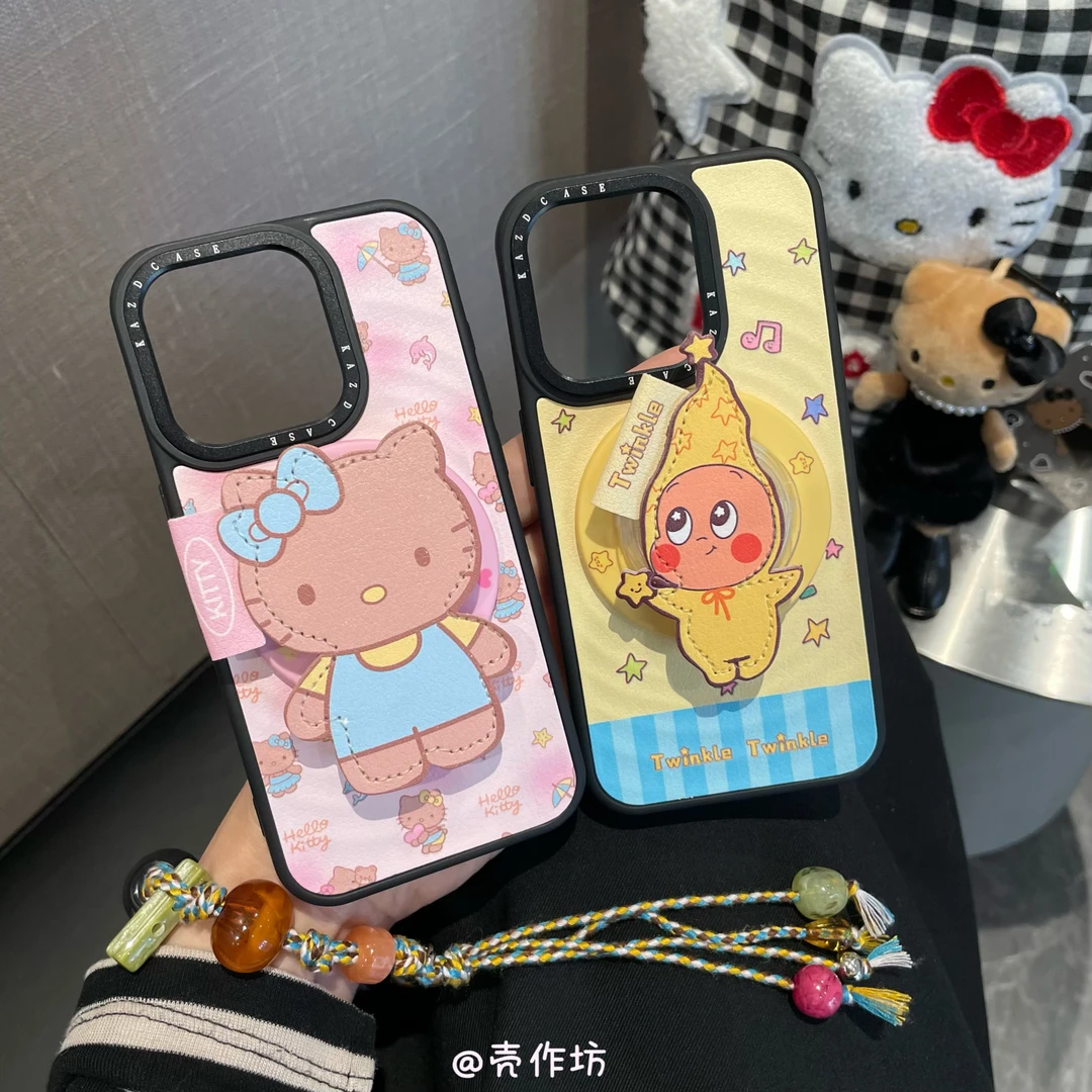 卡通可爱撞色星星人猫咪波漾磁吸适用苹果16/15/14/13皮纹手机壳