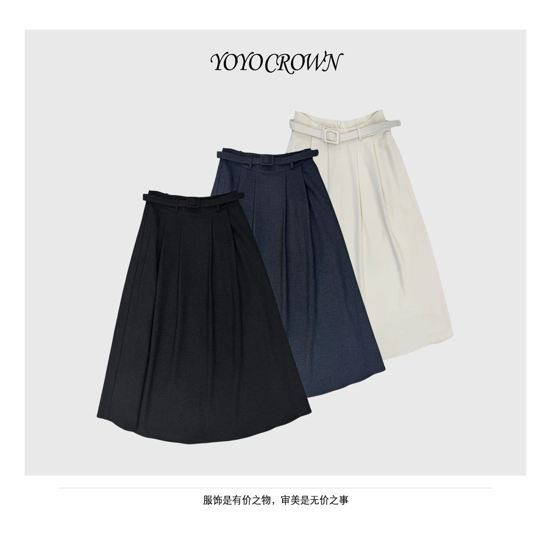 YOYO CROWN 新款百褶裙腰带澳毛精纺羊毛铜氨A字伞裙秋冬半身腰裙