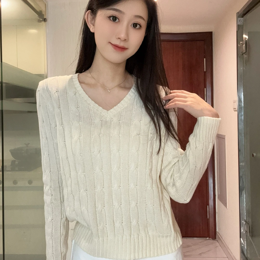 2025春季新款V领长袖麻花工艺简约百搭针织上衣