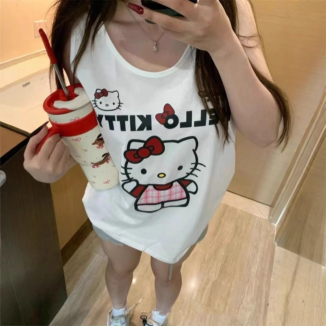 夏季爆款美式kitty猫印花背心t恤女夏宽松潮辣妹无袖休闲运动上衣