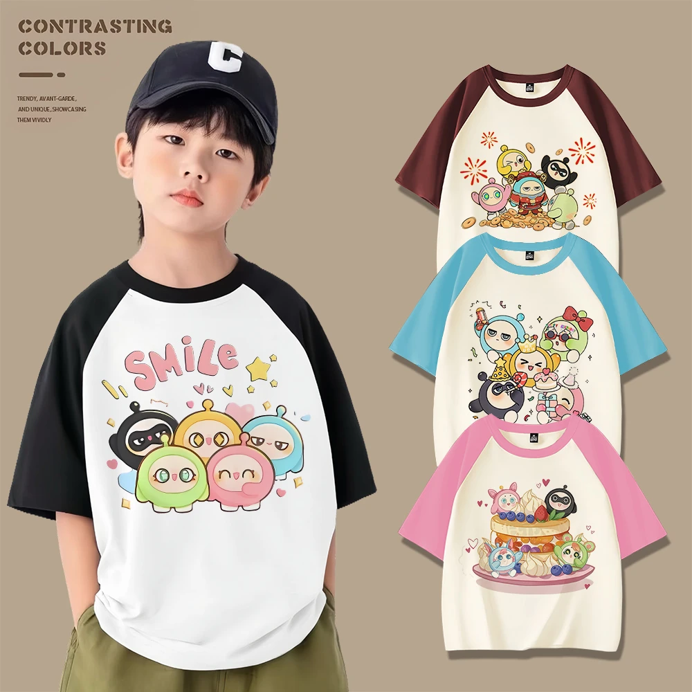 蛋仔派对儿童纯棉插肩T恤男女童游戏周边卡通短袖衫洋气学生上衣