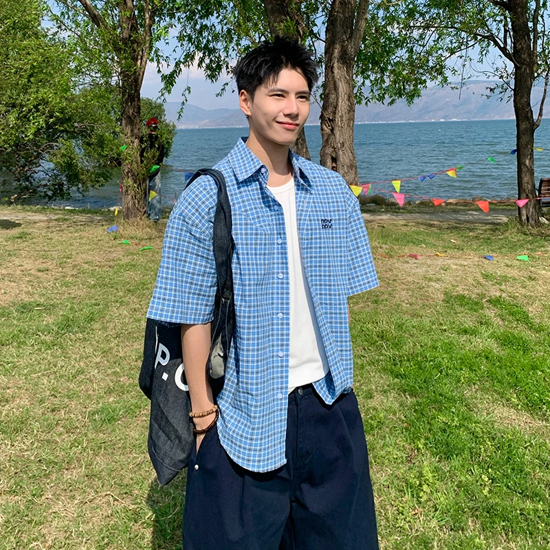 Holocene美式潮牌宽松蓝色格子衬衫短袖休闲百搭字母刺绣衬衣1603