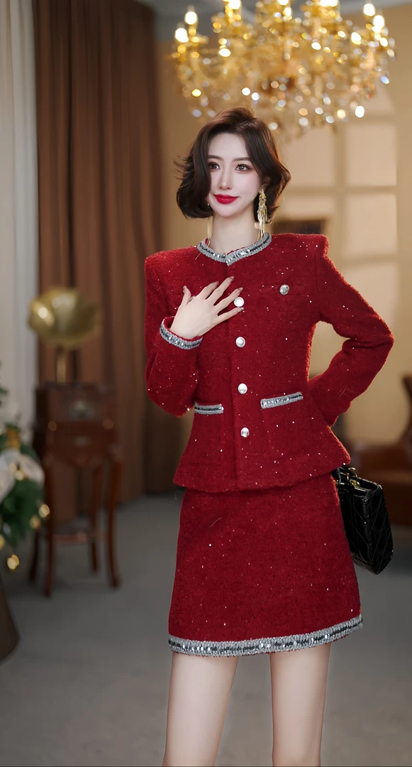 【大晶专属】年底战袍波尔多红bulibg气场千金感羊毛加厚显瘦套装