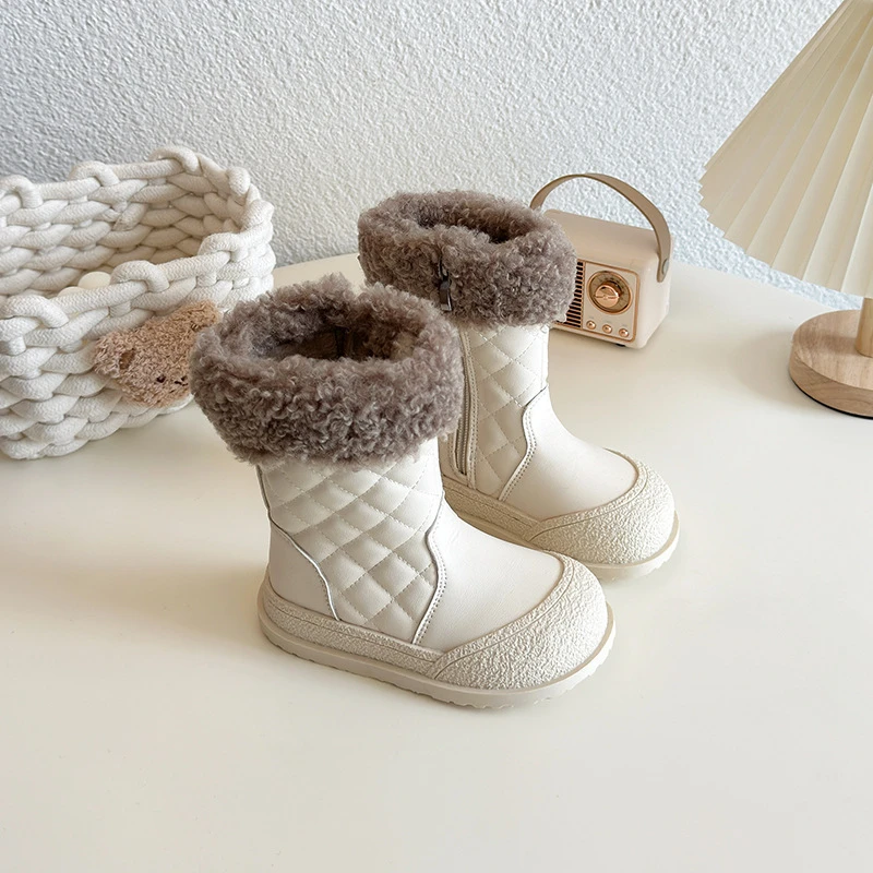 儿童防水加绒雪地棉保暖羊羔绒大棉鞋2025冬季新款女童软底中筒靴