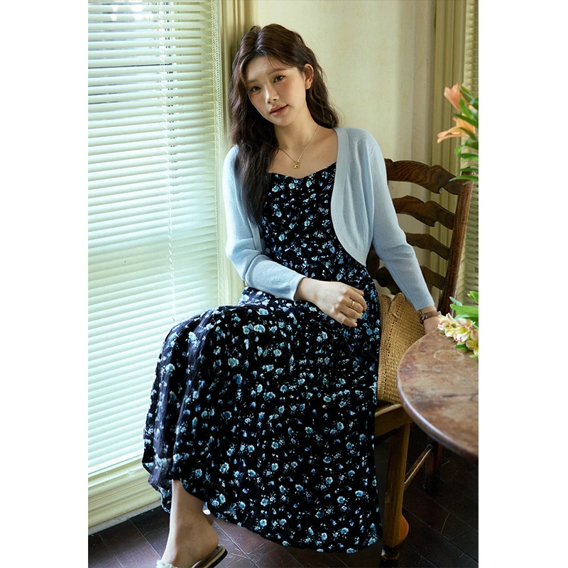 蓝色上衣+连衣吊带裙夏季两件套ZL106780套装裙子气质显瘦长款