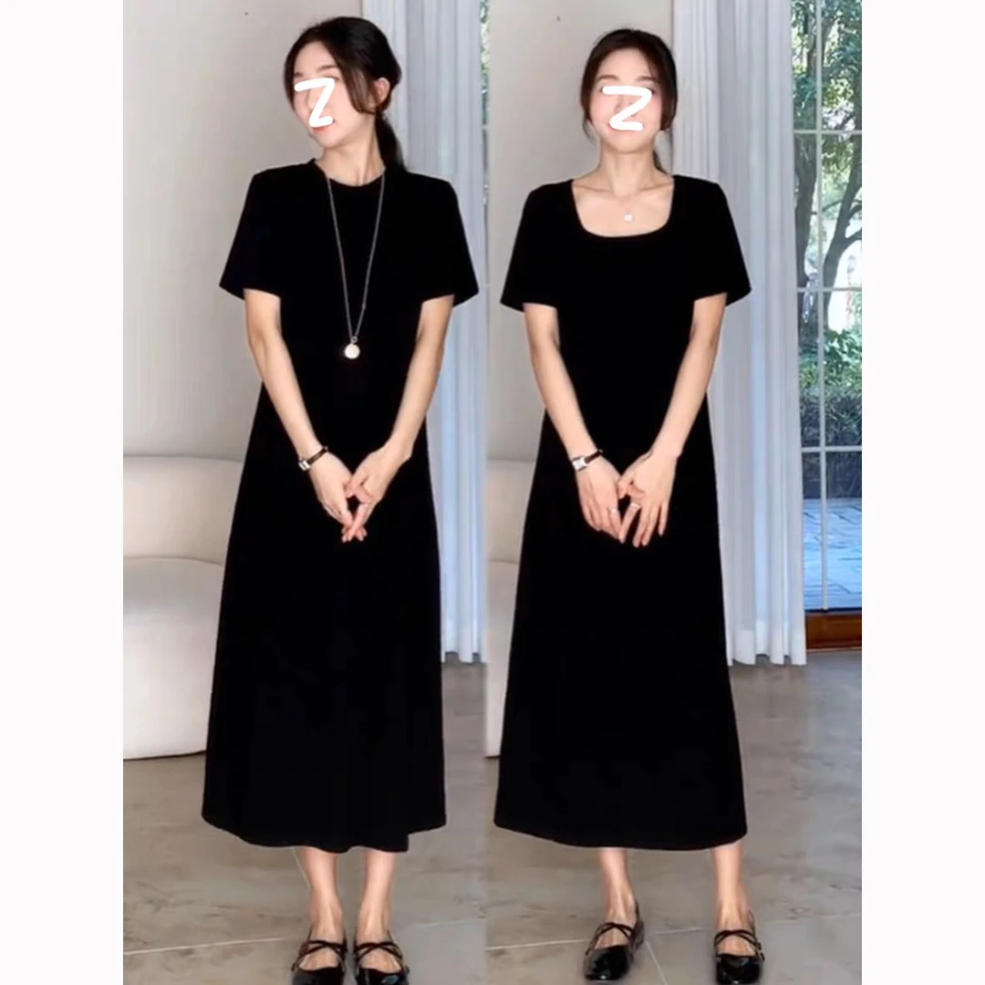 高级感圆领正肩直筒连衣裙女2025夏季简约显瘦百搭长短款T恤裙