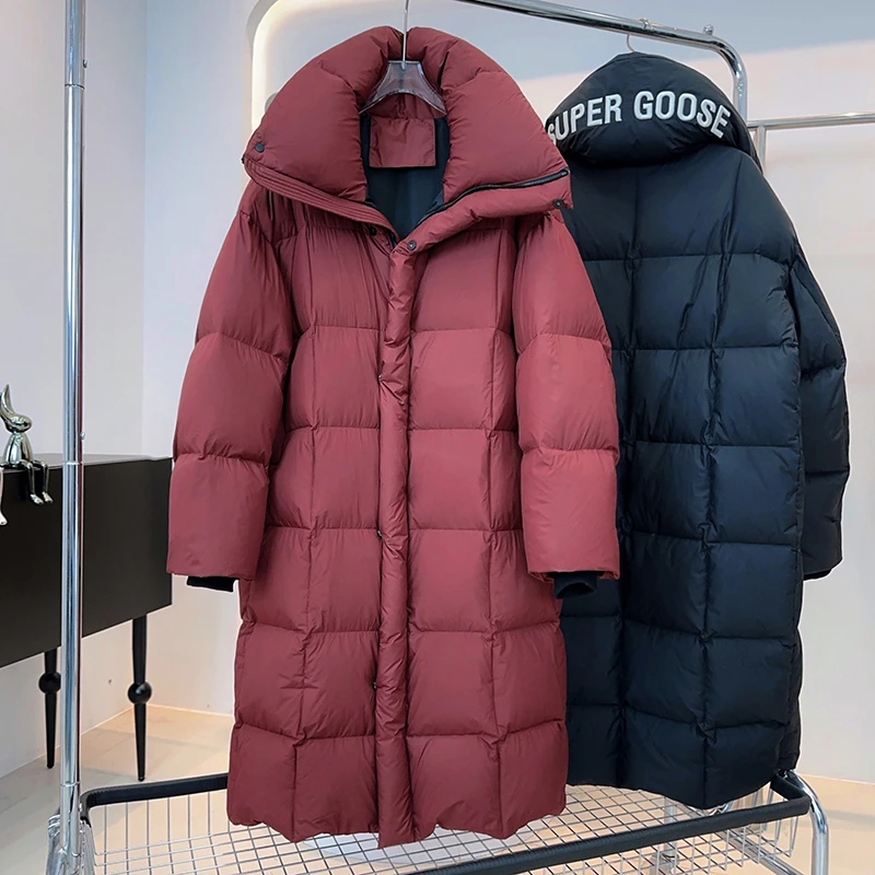 韩版超厚羽绒服女中长款2025新款长过膝字母刺绣冬季立领鹅绒服