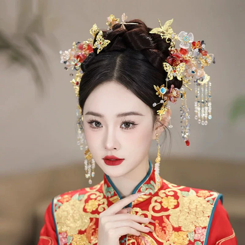 2025春季新品渐变红色琉璃花朵秀禾服中式新娘结婚头饰20250211