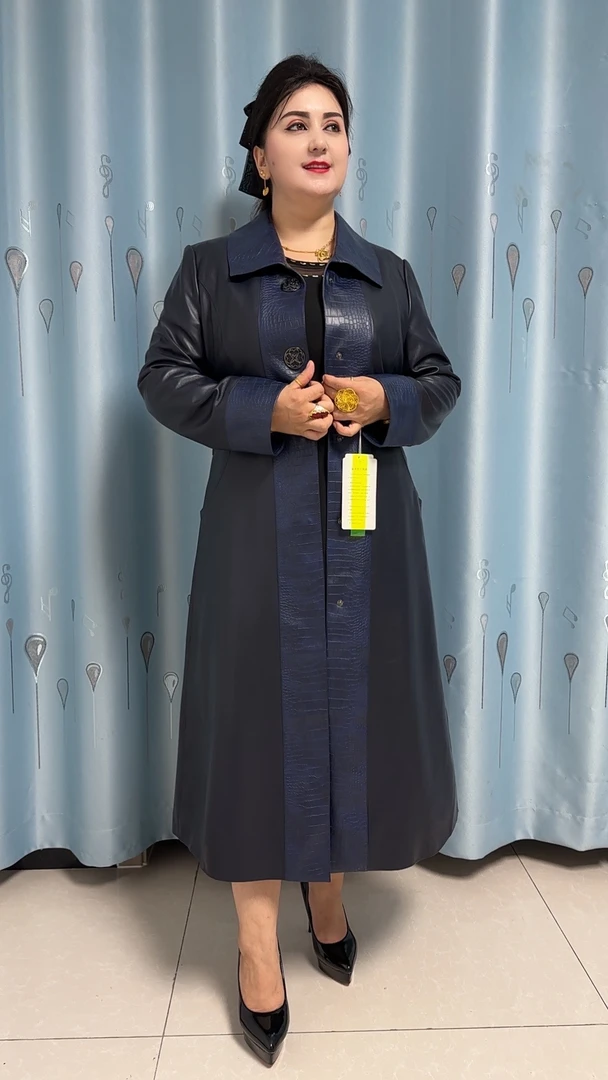 【MeiLiTan】新款女士皮衣气质时尚中长款拼接大气翻领设计师百搭