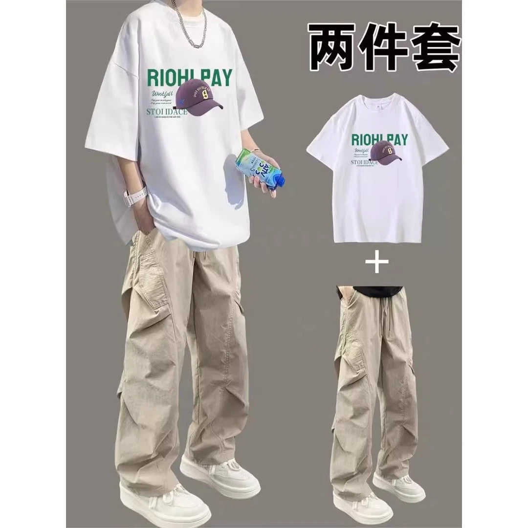 夏季男生休闲T恤套装男潮流宽松青少年帅气时髦新款男装一套搭配