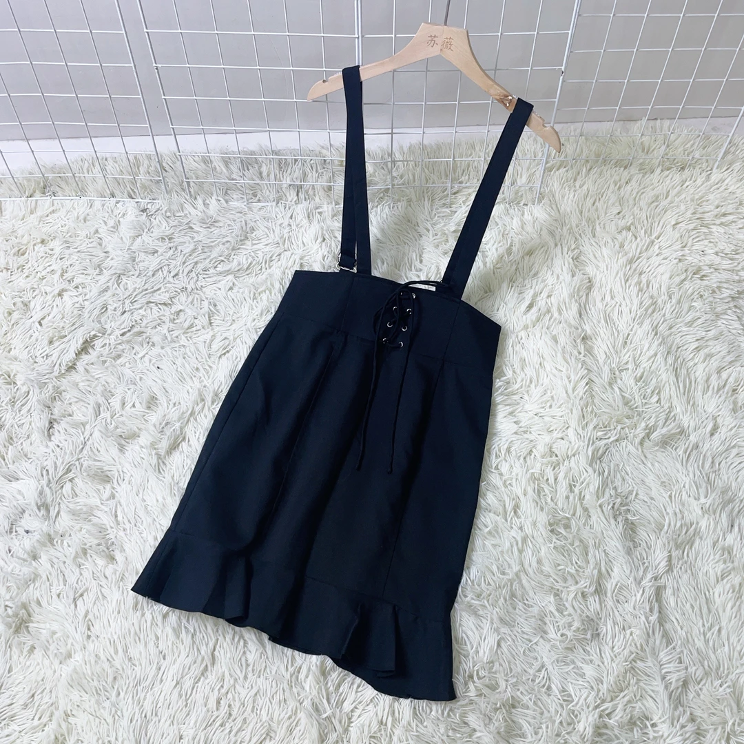 背带休闲黑色纯色短裙半身裙   0807