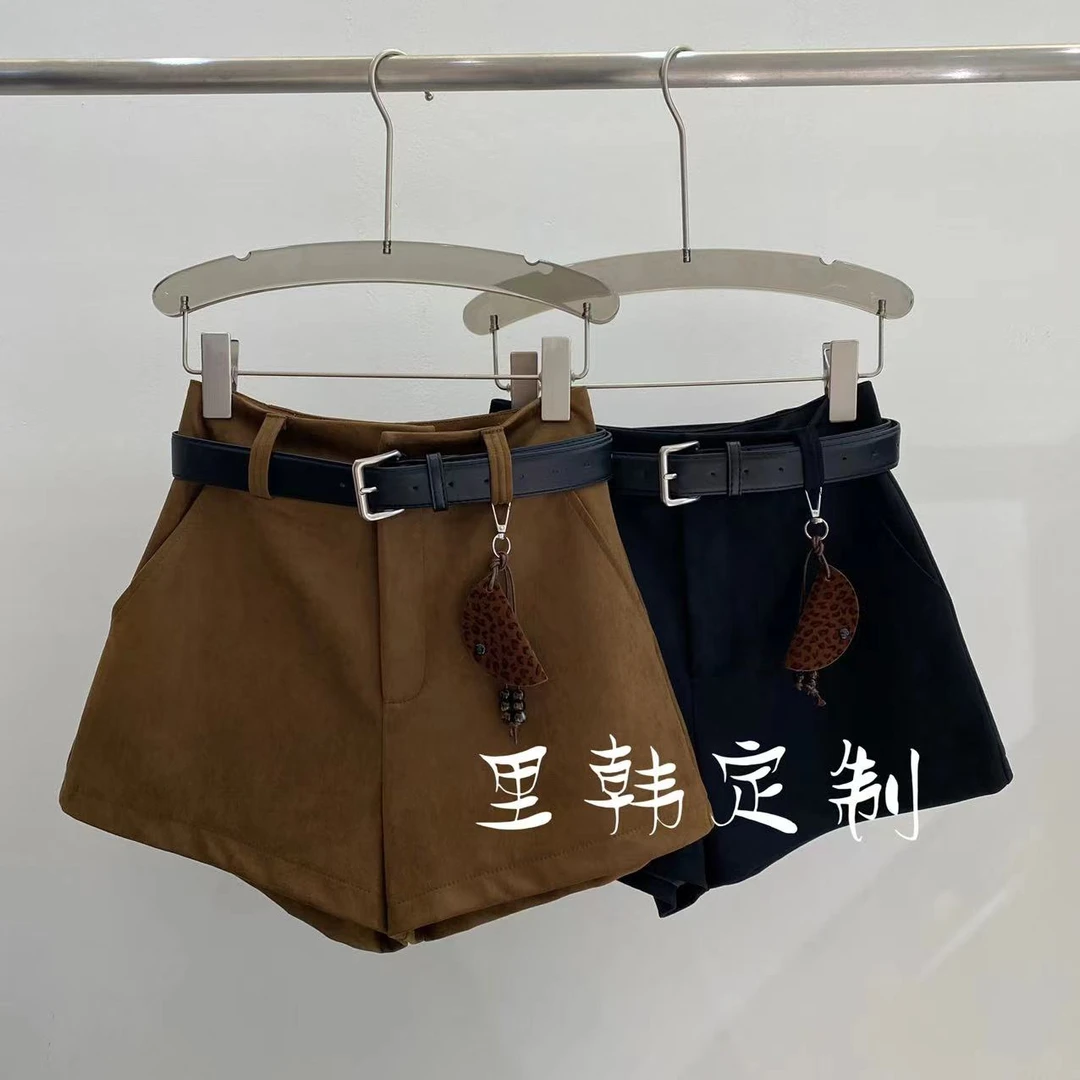 【里韩定制】麂皮绒高腰短裤女显瘦A字阔腿裤秋季新款百搭洋气