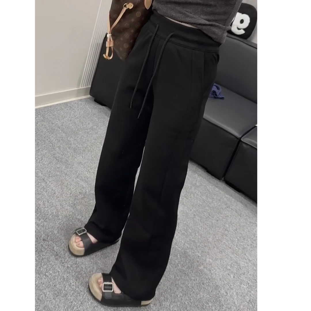 设计感新款高腰宽松抽绳口袋宽松裤女百搭显瘦纯色直筒拖地休闲裤