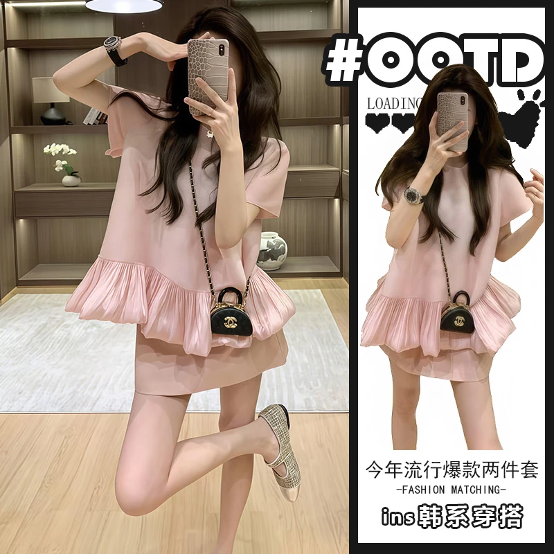 洋气炸街套装夏季2025新款温柔风宽松减龄粉色上衣高腰包臀短裙潮