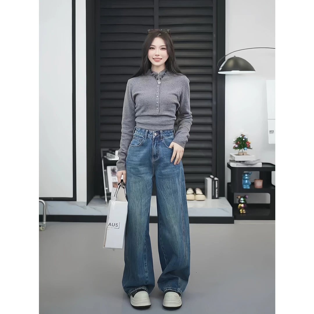 【TO&HR.GIRL】THE012DY原创设计深海蓝阔腿休闲牛仔裤女直筒拖地