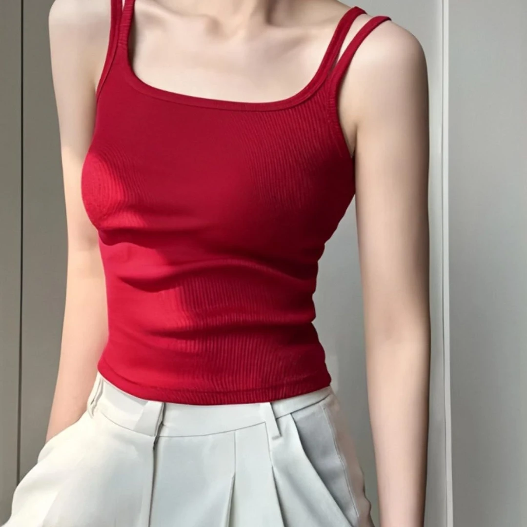 大码红色自带胸垫遮副乳吊带背心女春夏胖mm显瘦内搭外穿美背上衣