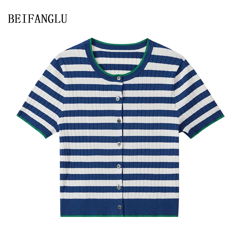 北方鹿莱赛尔醋酯桑蚕丝法式绿边条纹针织短袖26508