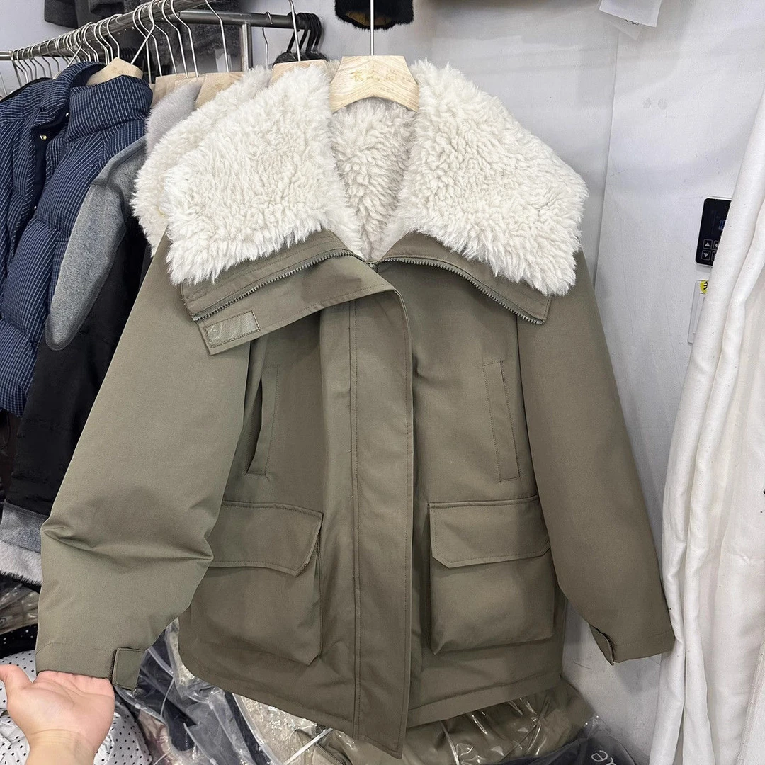 【04】赵露思同款羊羔毛加厚工装派克服女2024新款中长款保暖外套