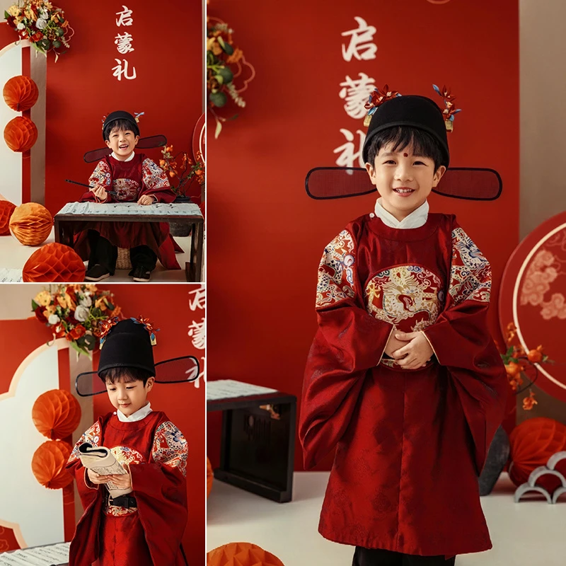 明制汉服男童龙袍启蒙礼主题影楼拍照新中式唐装开学儿童演出服