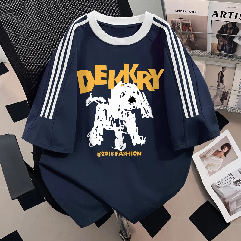 Dekkry潮流涂鸦小狗印花夏季纯棉三条杠短袖男女百搭街头圆领上衣