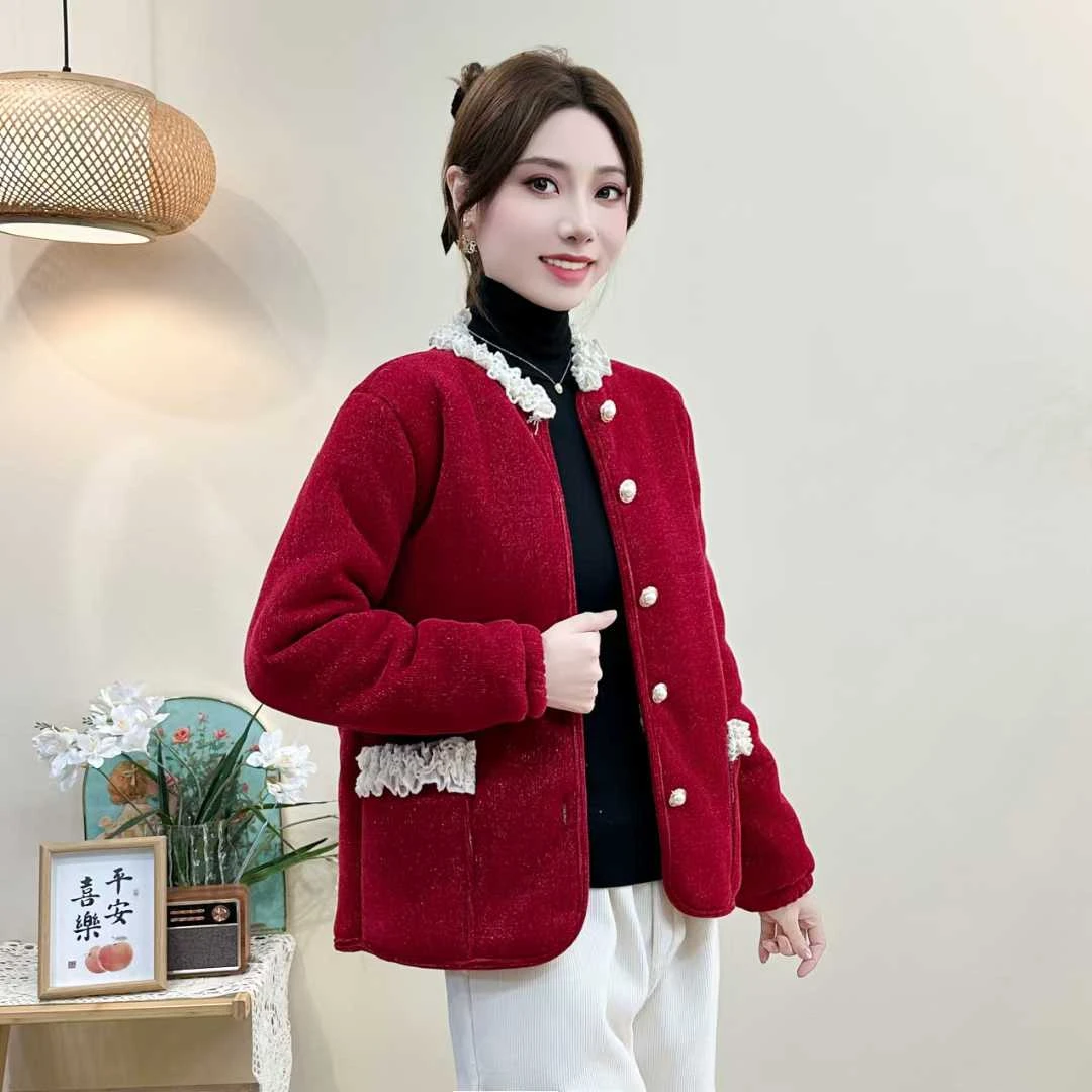 冬季新年战袍加绒加厚保暖棉衣外套女时尚国风棉服新中式棉袄2