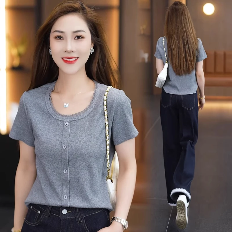 时尚短袖修身T恤女2025夏季新款气质休闲百搭时尚短款显瘦小衫潮