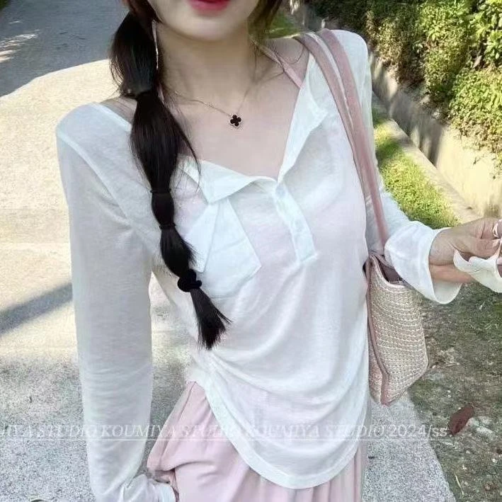 3V24-16086夏季新款纯欲风辣妹露肩薄款微透半开领防晒长袖T恤
