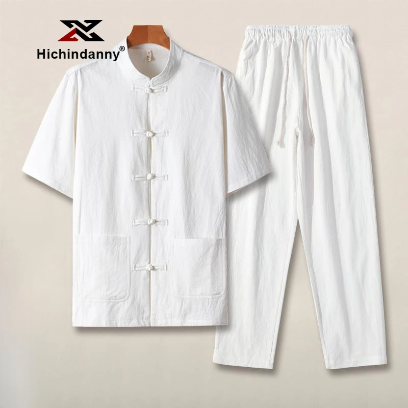 HICHIN中国风纯棉薄款运动套装男士夏季衬衫休闲裤中式盘扣两件套