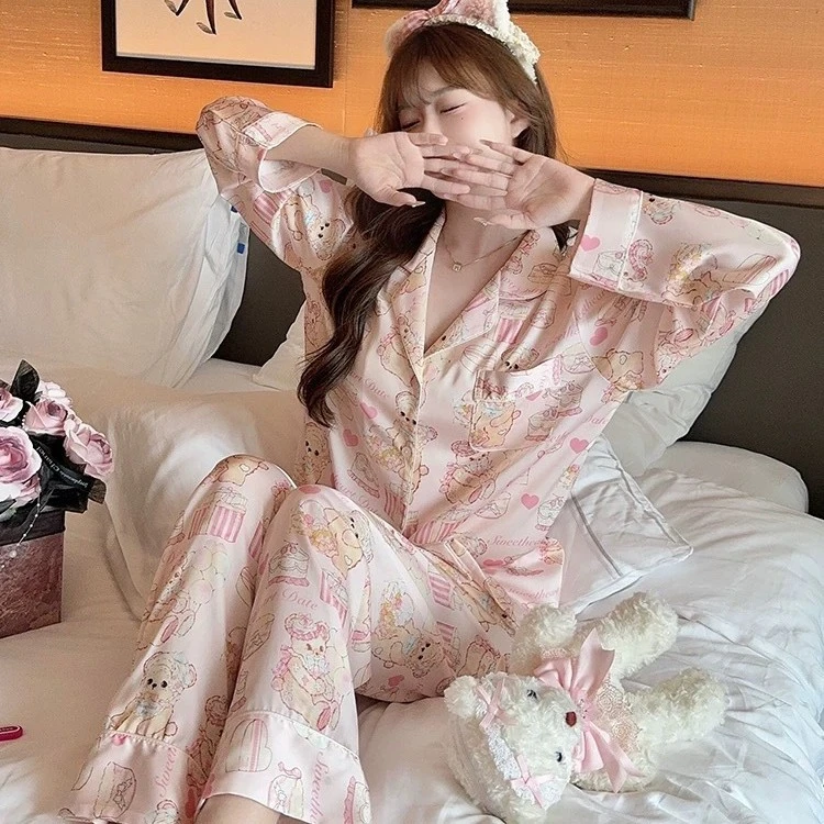 JIUVIA2025新款睡衣2025新款甜美可爱蛋糕小熊冰丝睡衣女春秋款长